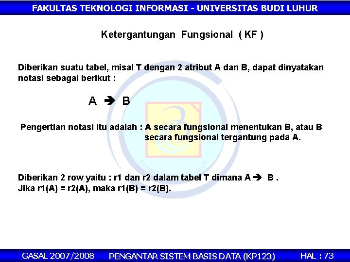 FAKULTAS TEKNOLOGI INFORMASI - UNIVERSITAS BUDI LUHUR Ketergantungan Fungsional ( KF ) Diberikan suatu