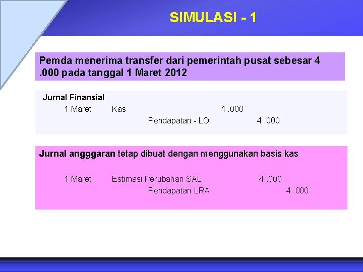 SIMULASI - 1 Pemda menerima transfer dari pemerintah pusat sebesar 4. 000 pada tanggal