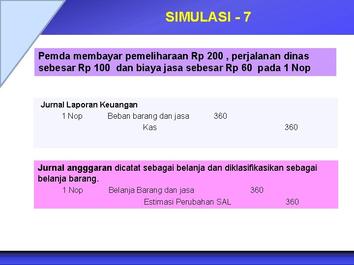 SIMULASI - 7 Pemda membayar pemeliharaan Rp 200 , perjalanan dinas sebesar Rp 100