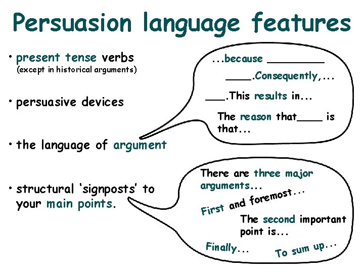 Persuasion language features • present tense verbs (except in historical arguments) • persuasive devices