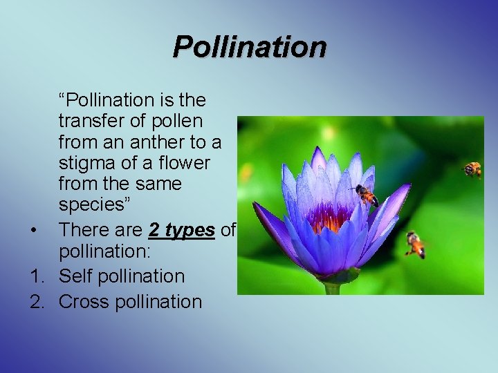 Pollination “Pollination is the transfer of pollen from an anther to a stigma of