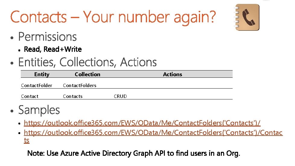  • • Entity Collection Contact. Folders Contacts Actions CRUD • https: //outlook. office