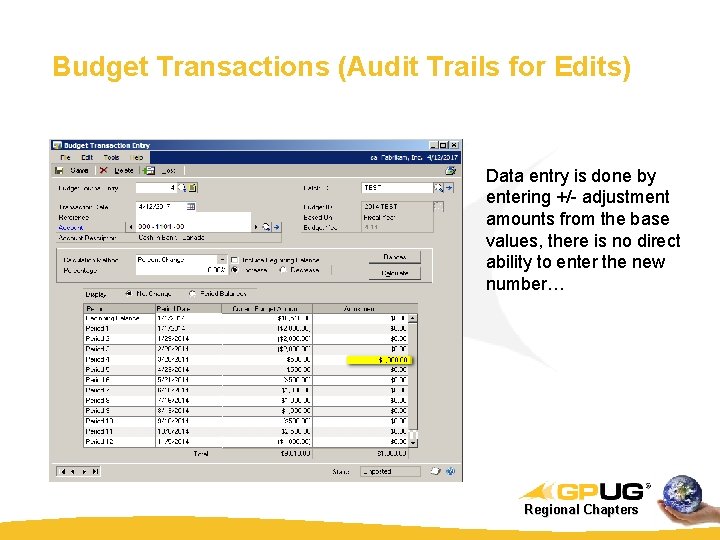 Budget Transactions (Audit Trails for Edits) Data entry is done by entering +/- adjustment