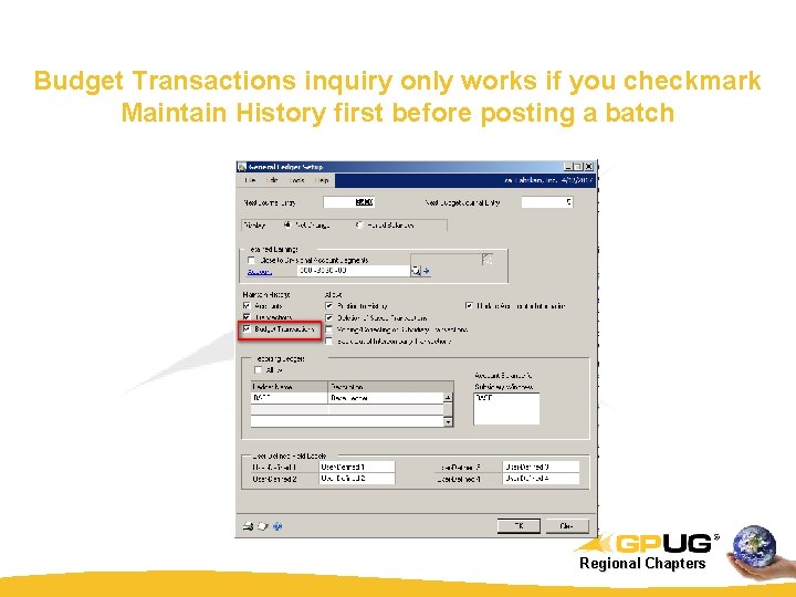 Budget Transactions inquiry only works if you checkmark Maintain History first before posting a