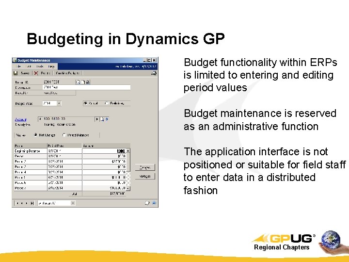 Budgeting in Dynamics GP Budget functionality within ERPs is limited to entering and editing