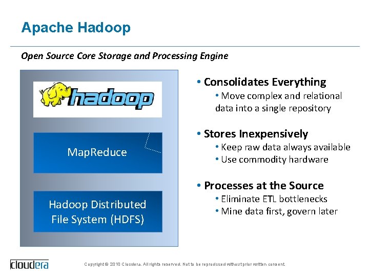 Apache Hadoop Open Source Core Storage and Processing Engine • Consolidates Everything • Move
