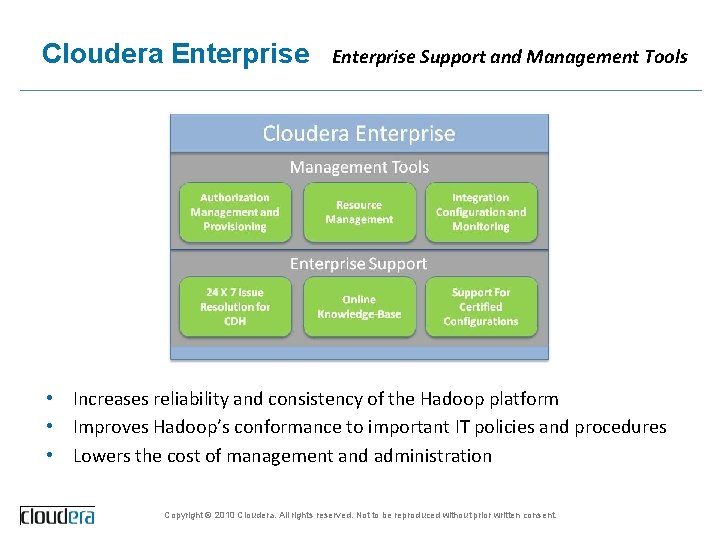 Cloudera Enterprise Support and Management Tools • Increases reliability and consistency of the Hadoop