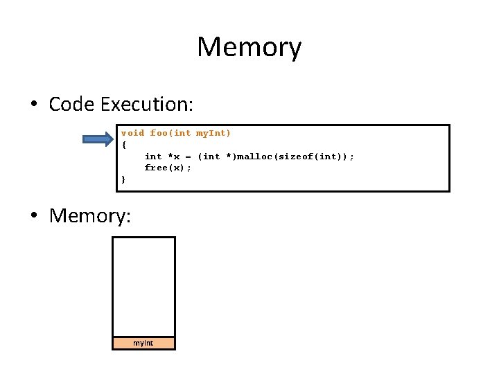 Memory • Code Execution: void foo(int my. Int) { int *x = (int *)malloc(sizeof(int));