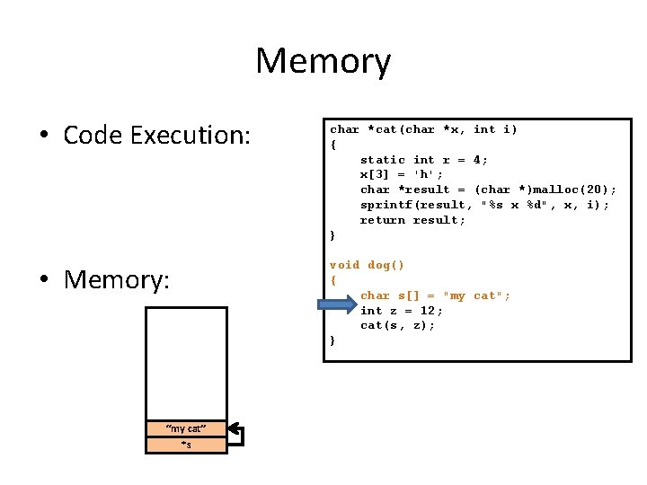 Memory • Code Execution: • Memory: “my cat” *s char *cat(char *x, int i)