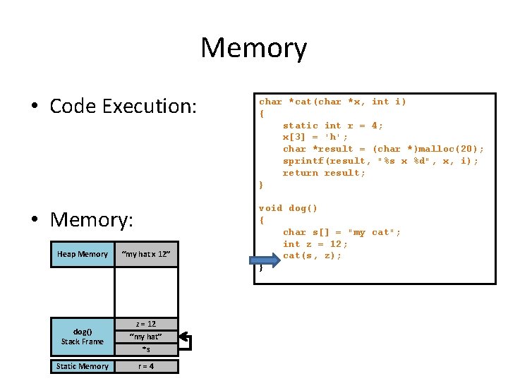 Memory • Code Execution: • Memory: Heap Memory “my hat x 12” dog() Stack