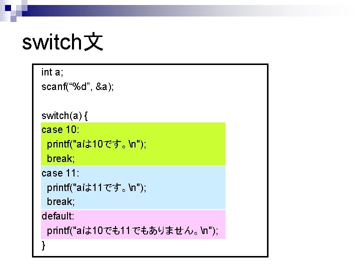 switch文 int a; scanf(“%d”, &a); switch(a) { case 10: printf("aは 10です。n"); break; case 11:
