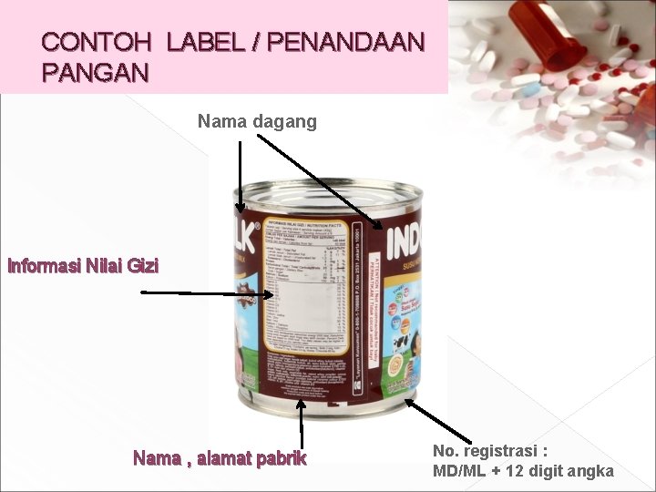 CONTOH LABEL / PENANDAAN PANGAN Nama dagang Informasi Nilai Gizi Nama , alamat pabrik