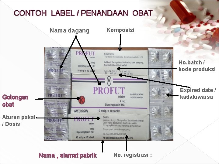 CONTOH LABEL / PENANDAAN OBAT Nama dagang Komposisi No. batch / kode produksi Expired