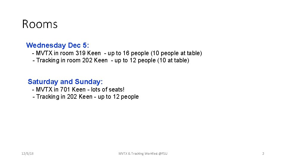 Rooms Wednesday Dec 5: - MVTX in room 319 Keen - up to 16