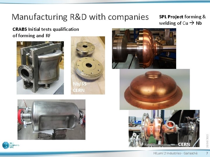 Manufacturing R&D with companies CRABS Initial tests qualification of forming and RF SPL Project