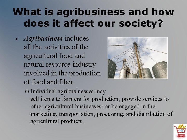What is agribusiness and how does it affect our society? • Agribusiness includes all