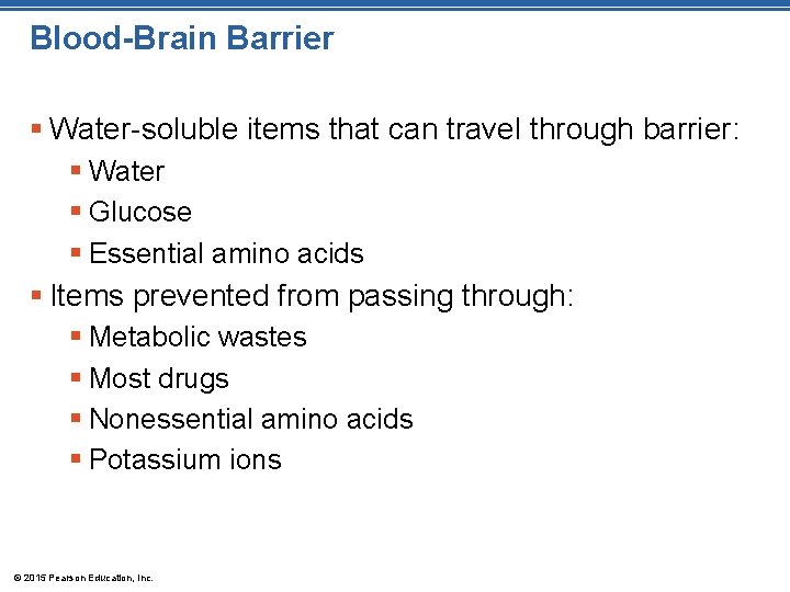 Blood-Brain Barrier § Water-soluble items that can travel through barrier: § Water § Glucose