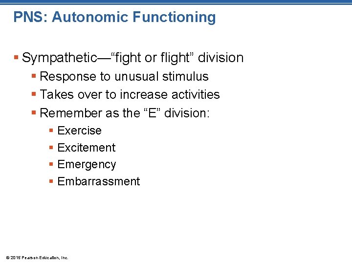 PNS: Autonomic Functioning § Sympathetic—“fight or flight” division § Response to unusual stimulus §