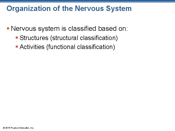 Organization of the Nervous System § Nervous system is classified based on: § Structures