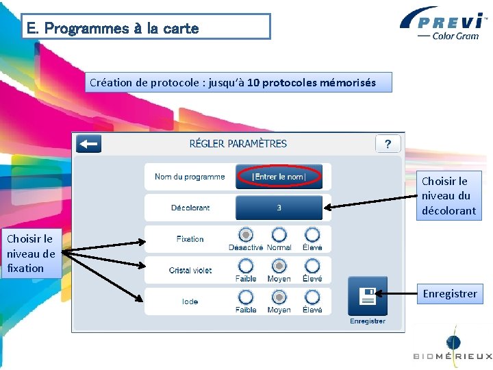 E. Programmes à la carte Création de protocole : jusqu’à 10 protocoles mémorisés Choisir