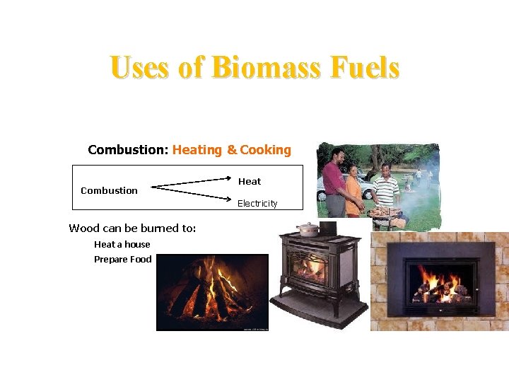 Uses of Biomass Fuels Combustion: Heating & Cooking Combustion Heat Electricity . Wood can