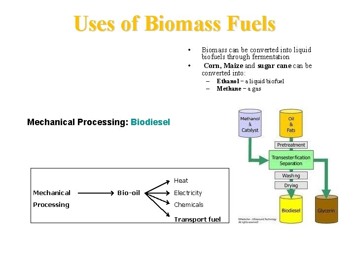 Uses of Biomass Fuels • • Biomass can be converted into liquid biofuels through