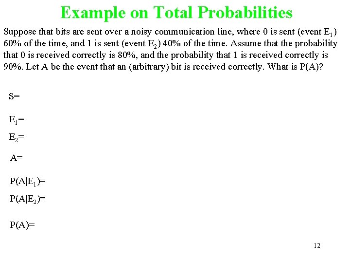 Example on Total Probabilities Suppose that bits are sent over a noisy communication line,