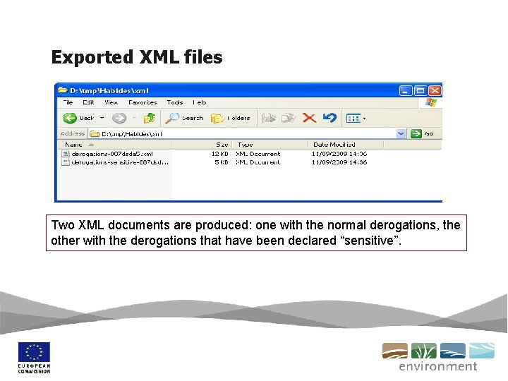 Exported XML files Two XML documents are produced: one with the normal derogations, the