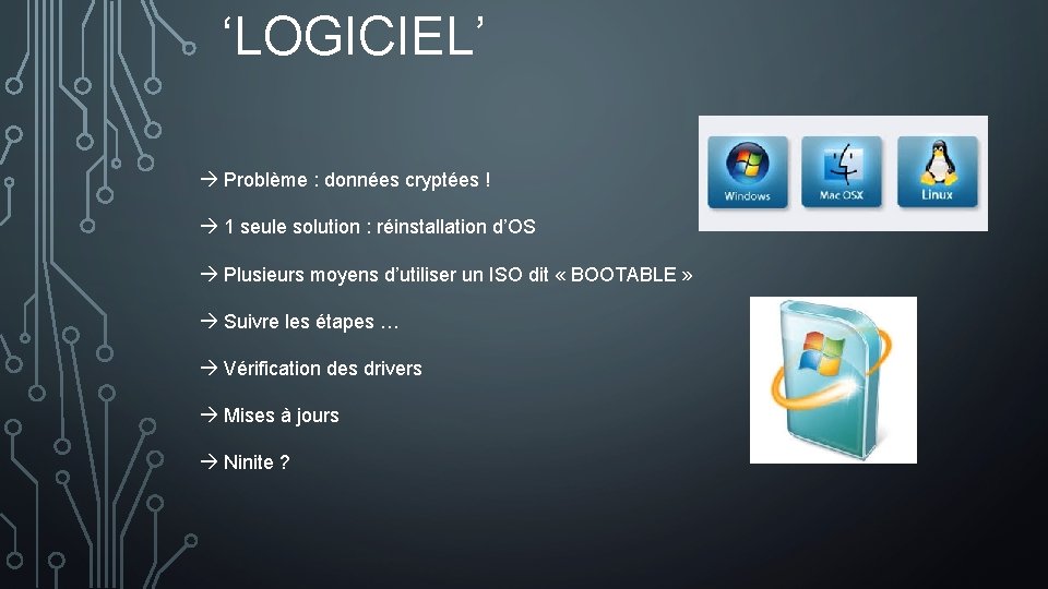 ‘LOGICIEL’ à Problème : données cryptées ! à 1 seule solution : réinstallation d’OS