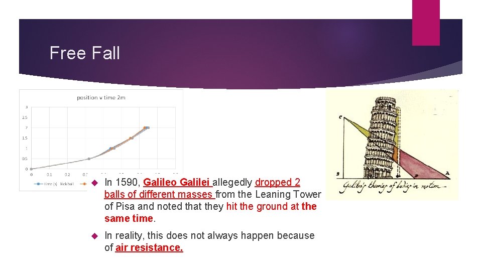 Free Fall In 1590, Galileo Galilei allegedly dropped 2 balls of different masses from