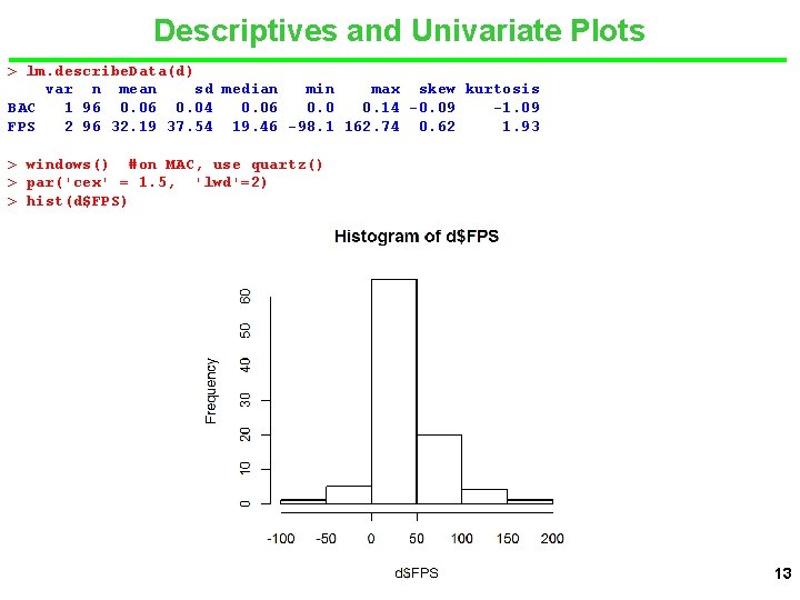 Descriptives and Univariate Plots > lm. describe. Data(d) var n mean sd median min