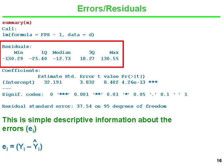 Errors/Residuals summary(m) Call: lm(formula = FPS ~ 1, data = d) Residuals: Min 1