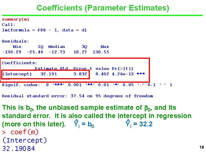 Coefficients (Parameter Estimates) summary(m) Call: lm(formula = FPS ~ 1, data = d) Residuals: