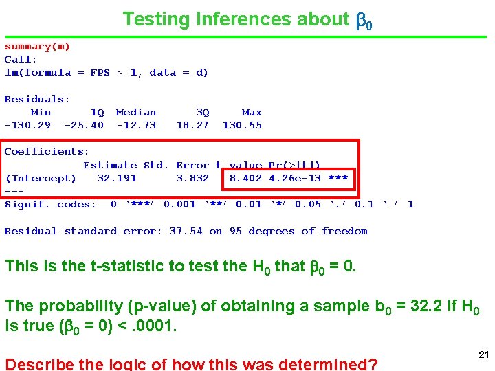 Testing Inferences about 0 summary(m) Call: lm(formula = FPS ~ 1, data = d)