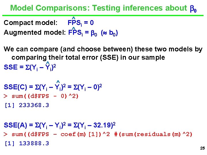 Model Comparisons: Testing inferences about 0 ^ Compact model: FPSi = 0 ^ =