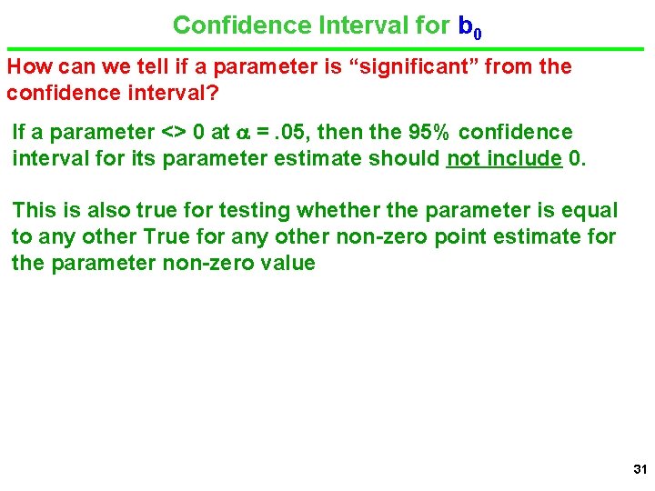 Confidence Interval for b 0 How can we tell if a parameter is “significant”