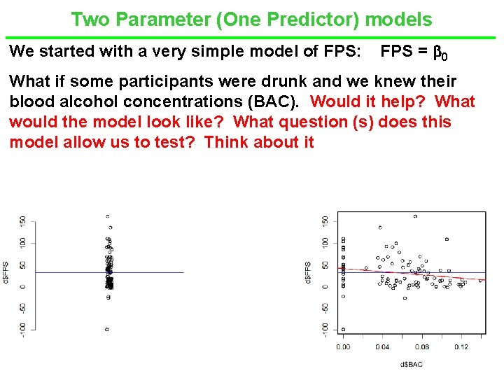 Two Parameter (One Predictor) models We started with a very simple model of FPS:
