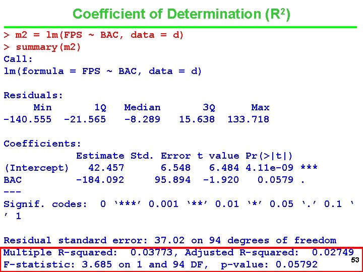 Coefficient of Determination (R 2) > m 2 = lm(FPS ~ BAC, data =
