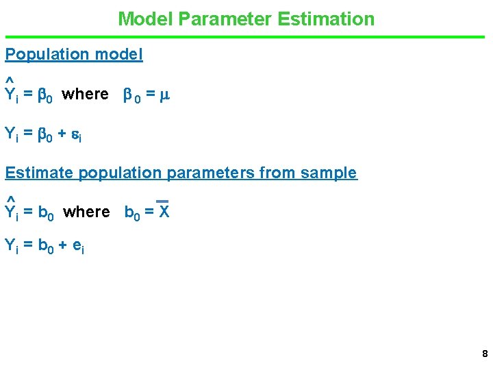 Model Parameter Estimation Population model ^ Yi = 0 where 0 = Yi =