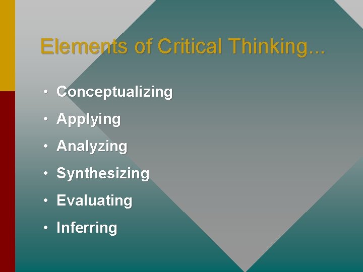 Elements of Critical Thinking. . . • Conceptualizing • Applying • Analyzing • Synthesizing