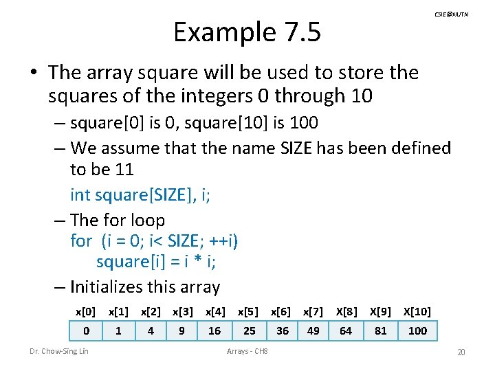 CSIE@NUTN Example 7. 5 • The array square will be used to store the