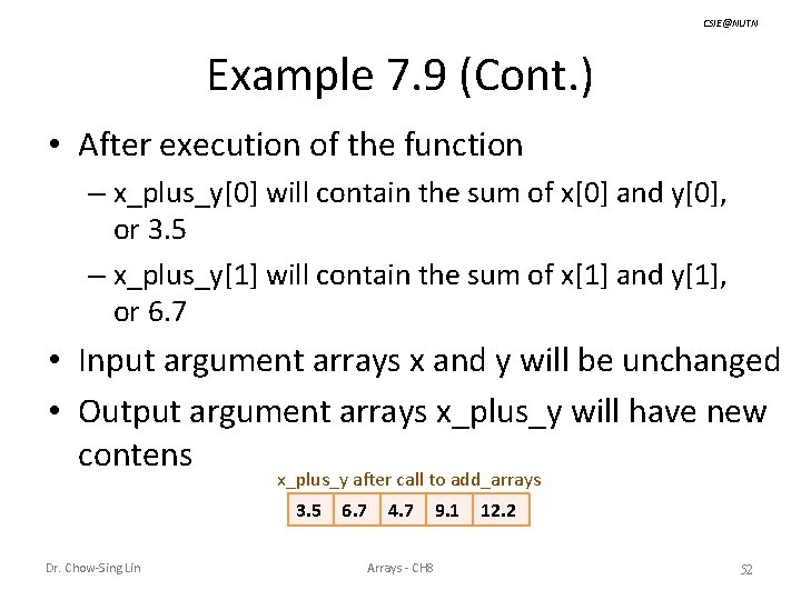 CSIE@NUTN Example 7. 9 (Cont. ) • After execution of the function – x_plus_y[0]