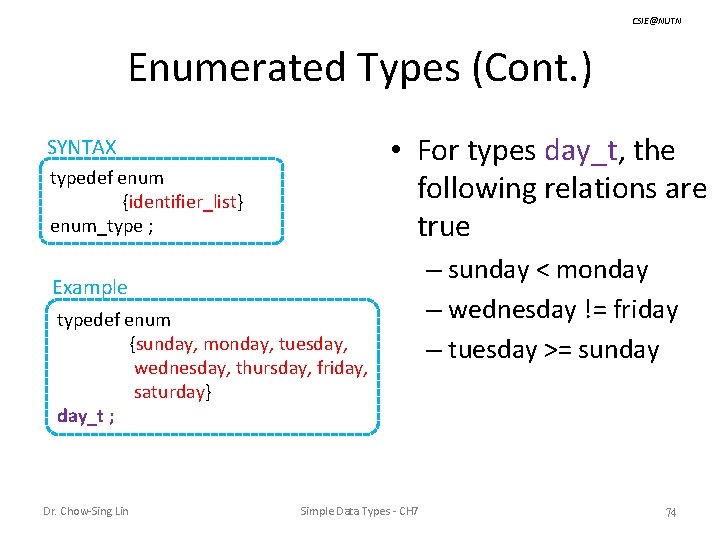 CSIE@NUTN Enumerated Types (Cont. ) • For types day_t, the following relations are true