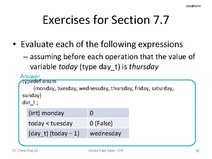 CSIE@NUTN Exercises for Section 7. 7 • Evaluate each of the following expressions –