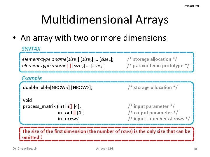 CSIE@NUTN Multidimensional Arrays • An array with two or more dimensions SYNTAX element-type aname[size