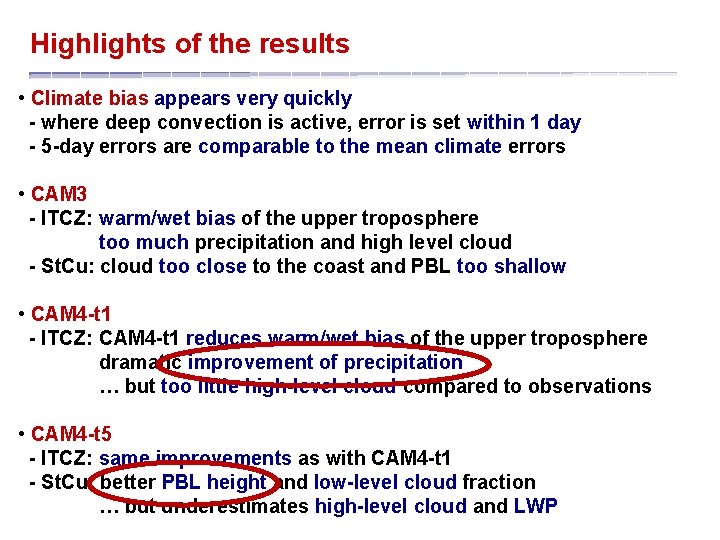 Highlights of the results • Climate bias appears very quickly in CAM - where