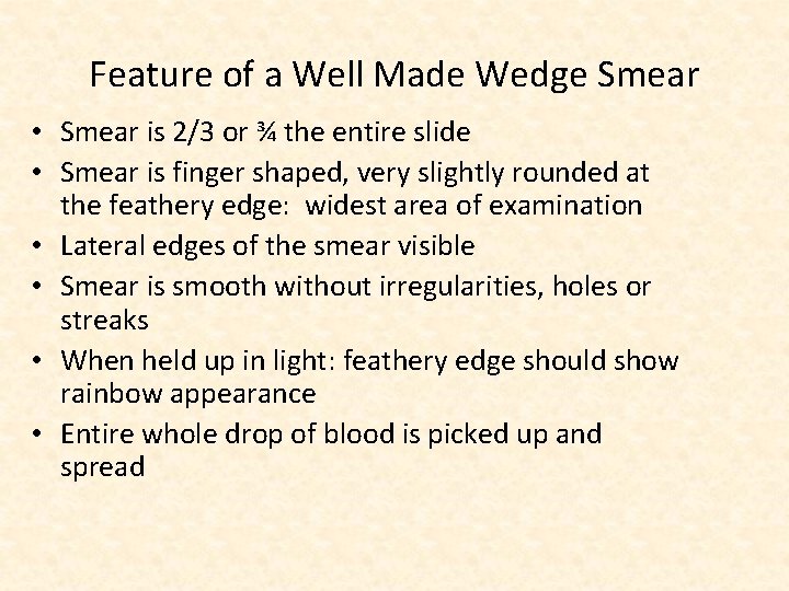 Feature of a Well Made Wedge Smear • Smear is 2/3 or ¾ the