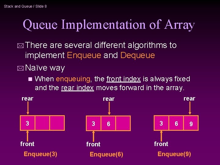 Stack and Queue / Slide 8 Queue Implementation of Array * There are several