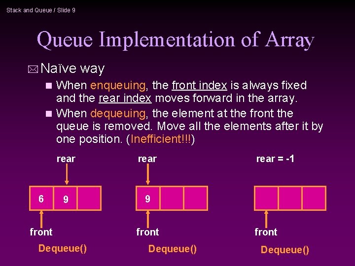 Stack and Queue / Slide 9 Queue Implementation of Array * Naïve way When