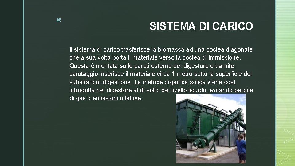 z SISTEMA DI CARICO Il sistema di carico trasferisce la biomassa ad una coclea